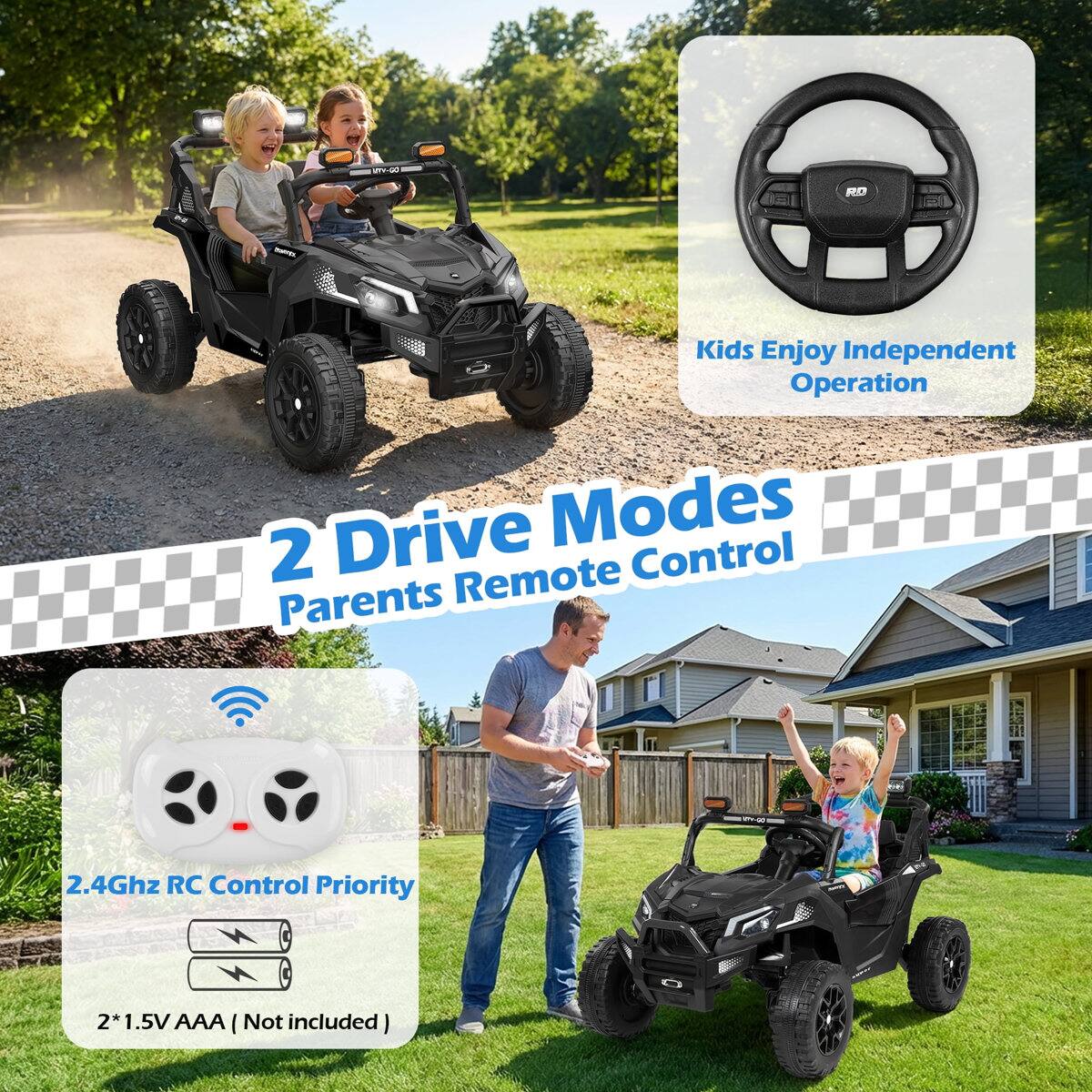 - RO Kids Enjoy Independent Operation
- 2 Drive Modes
- Parents Remote Control
- 2.4Ghz RC Control Priority
- 2*1.5V AAA (Not included)