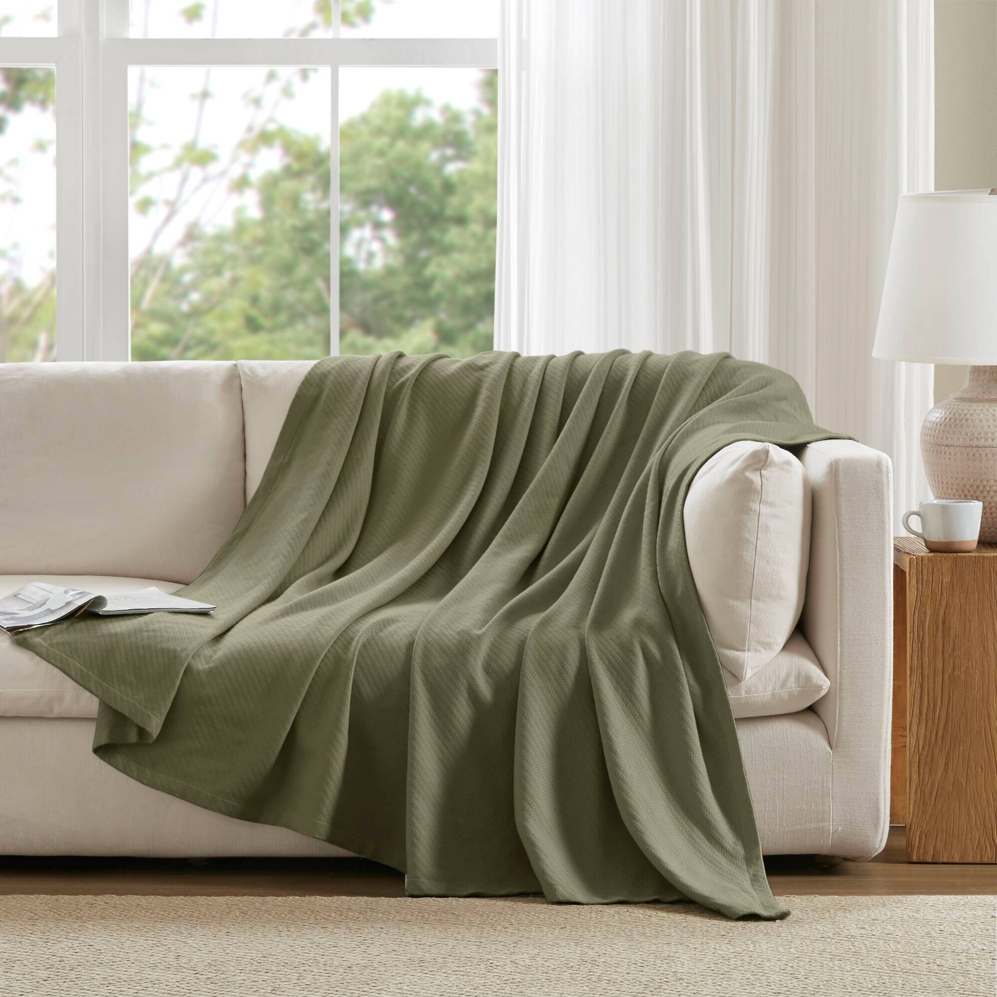 Alt View 4. Gracie Mills - Malaga Cotton Blanket - Olive Green.