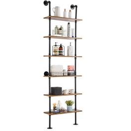VEVOR - Industrial Pipe Shelf, 6 Tier 24x9.84in, Wall-Mount Floating Rustic Wood Shelves Bracket Display Bookshelf - black + vintage color