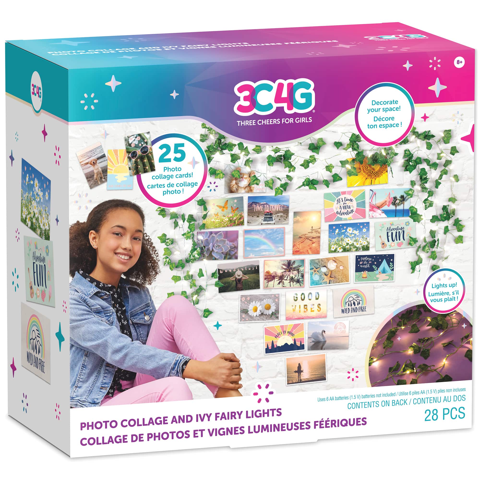 | | | hia.e.Es | | CC.. --   3C - -  - 25 Photo collage cards! cartes de collage photo! 3C4G CHEERS FOR GIRLS THREE M3 Lente TIETATMV 1  ale Decorate your space! Dcore ton espace! B+ Bede FI GOOD VISES e -   WED ND RE Mevolobs Fun Lights up! Lumiore. S'i vous plait - NII AARE wefe AA I1  pies non incluses not included Ubise d pies AA batteries I in  batteries DOS uses d CONTENU AU CONTENTS ON BACK AND IVY FAIRY LIGHTS 28 PCS PHOTO COLLAGE LUMINEUSES FRIQUES PHOTOS ET VIGNES COLLAGE DE