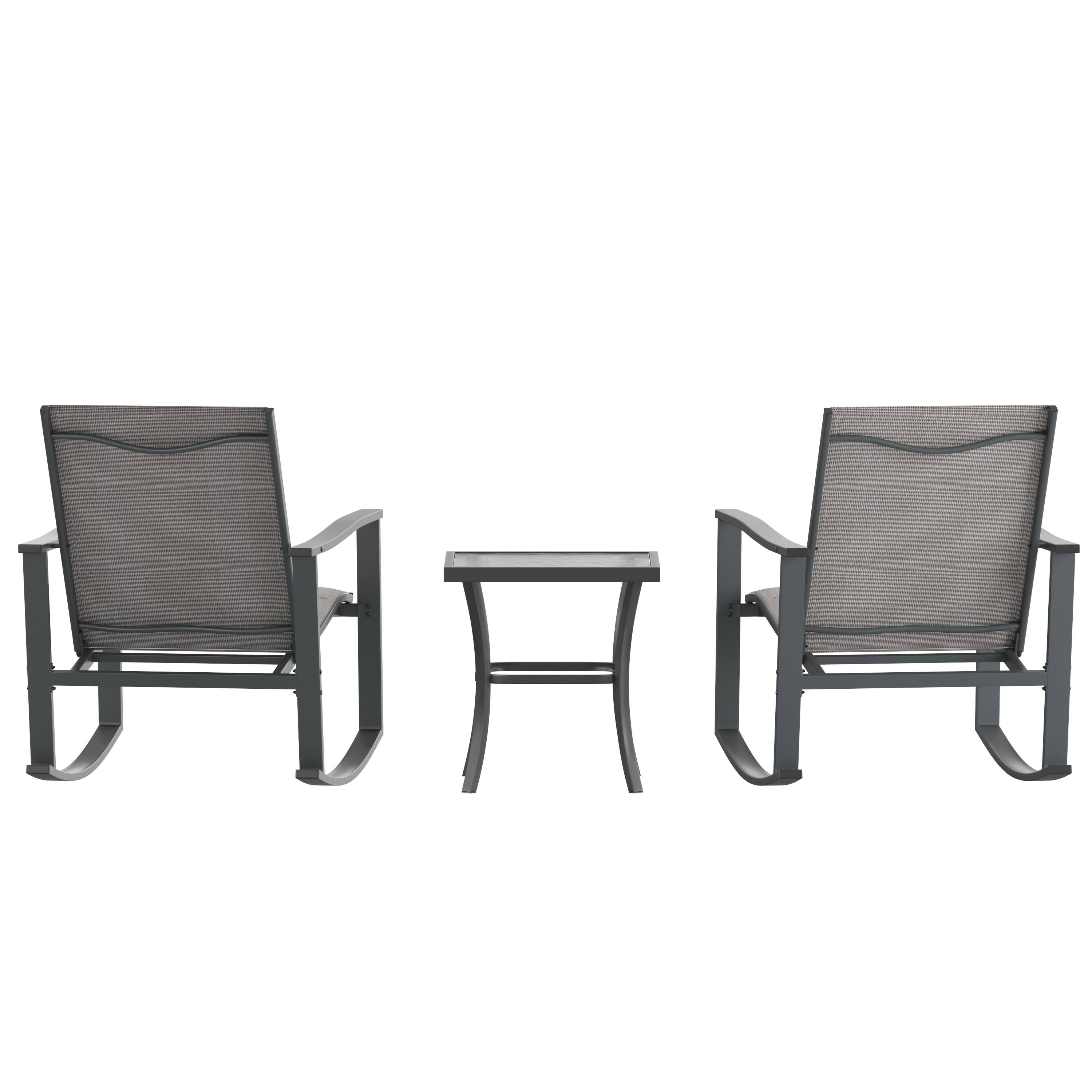 Back. Flash Furniture - Brazos 3 Piece Outdoor Rocking Chair Bistro Set with Flex Comfort Material and Steel Framed Glass Top Table, Gray/Black - Gray.