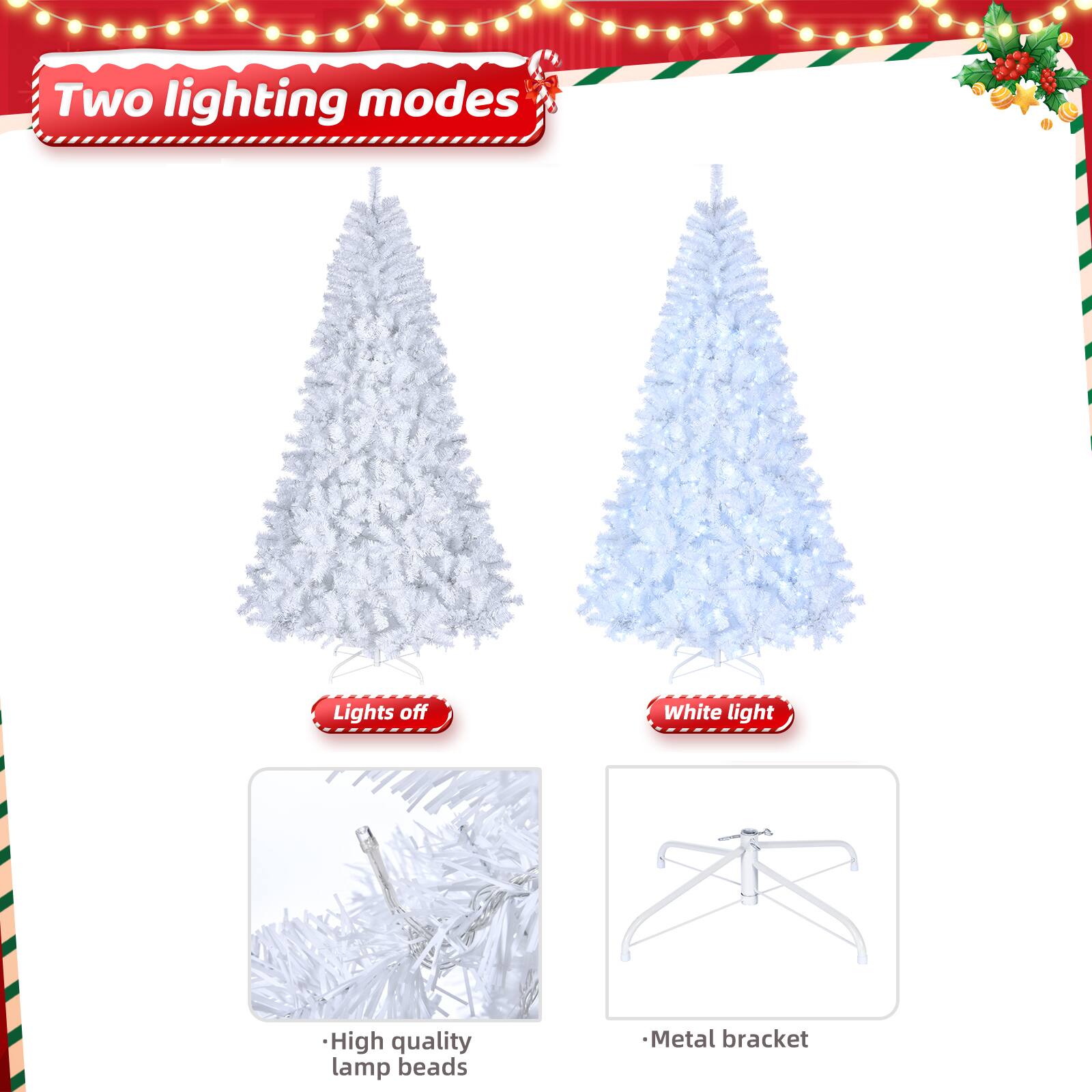 Two lighting modes

- Lights off
- White light

- High quality lamp beads
- Metal bracket