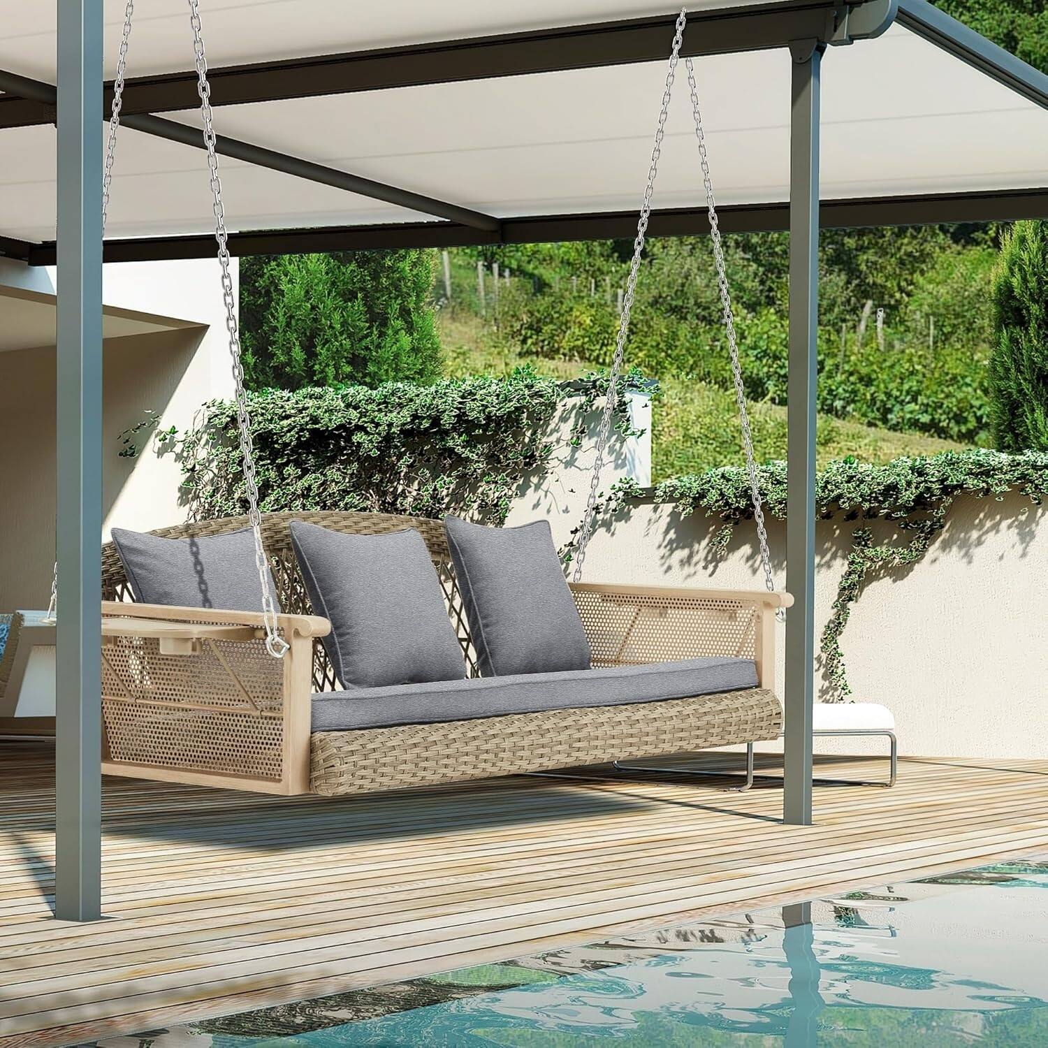 Angle. U-HOMY - 3-Seat Outdoor Porch Swing with Cup Holders – Weather-Resistant Rattan, 900 lbs Capacity - Grey.