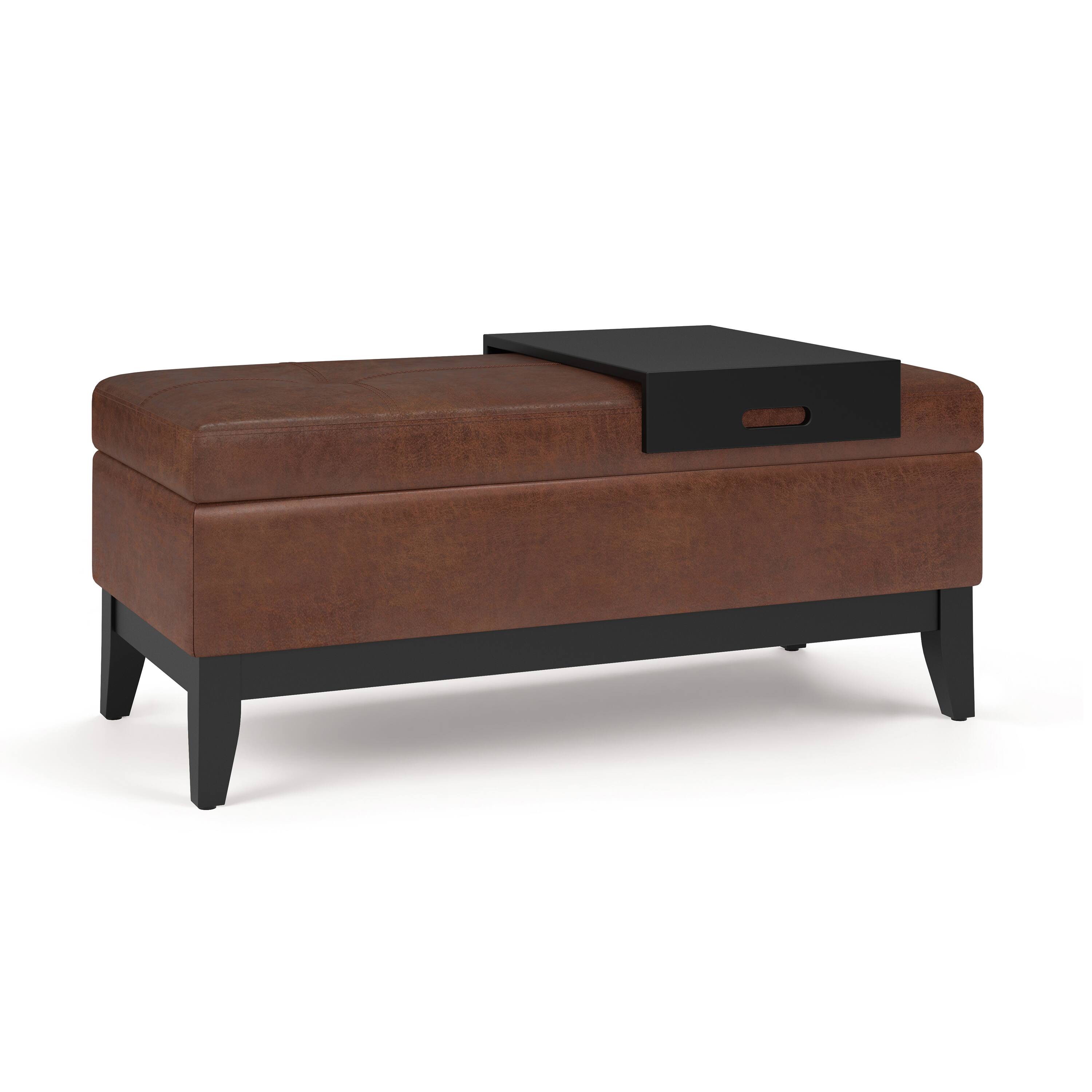Front. Simpli Home - Oregon Storage Ottoman Bench with Tray - Distressed Saddle Brown.
