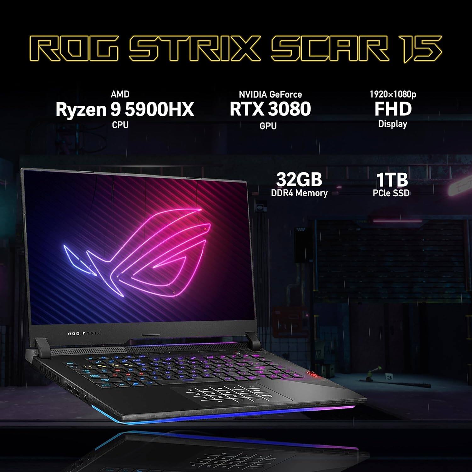 ROG STRIX SCAR 15  
AMD Ryzen 9 5900HX CPU  
NVIDIA GeForce RTX 3080 GPU  
1920x1080p FHD Display  
32GB DDR4 Memory  
1TB PCIe SSD