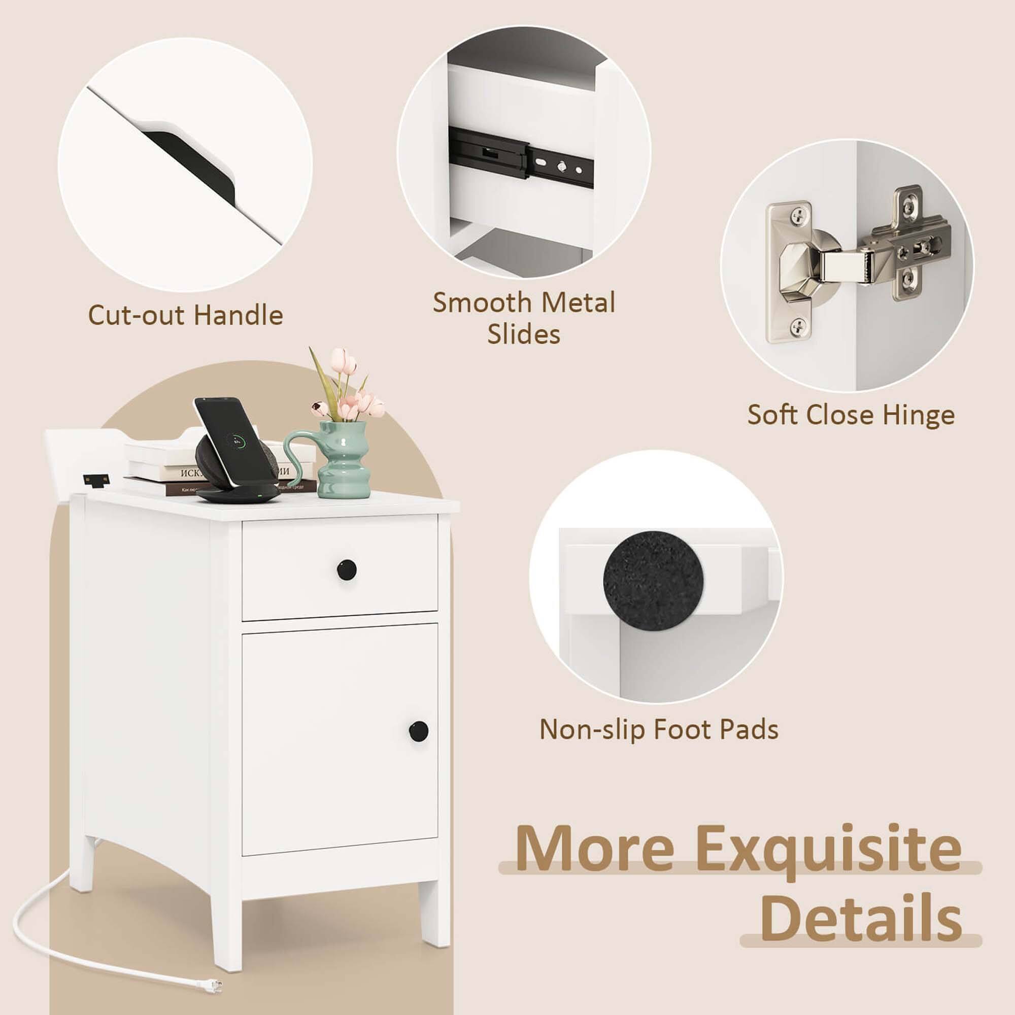 The text on the image is grouped as follows:

1. Cut-out Handle
2. Smooth Metal Slides
3. Soft Close Hinge
4. ICE it Non-slip Foot Pads
5. More Exquisite Details