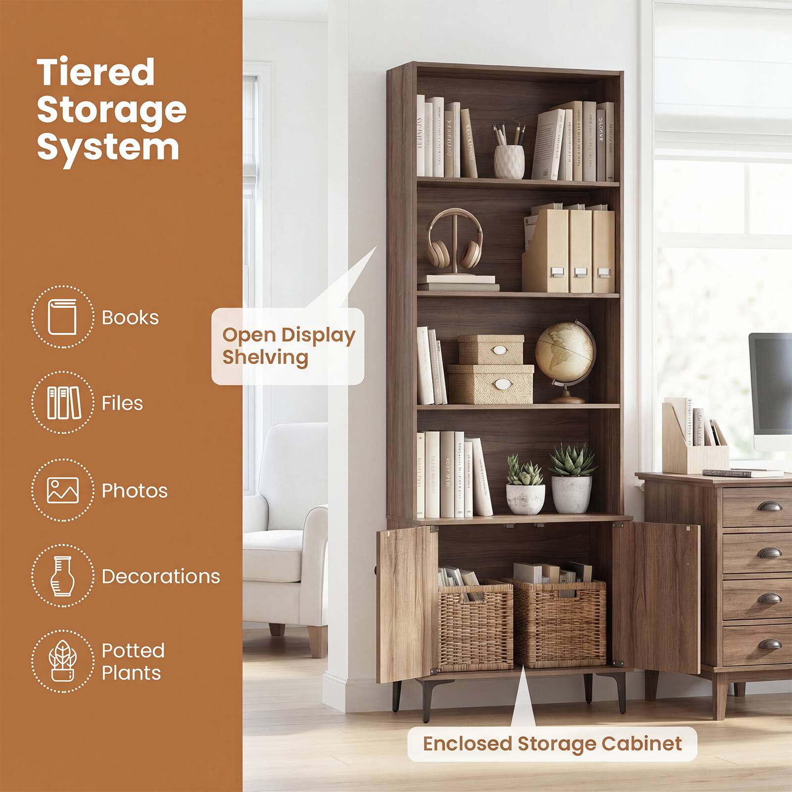 Tiered Storage System

- Books
- Files
- Photos
- Decorations
- Potted Plants

Open Display Shelving

Enclosed Storage Cabinet