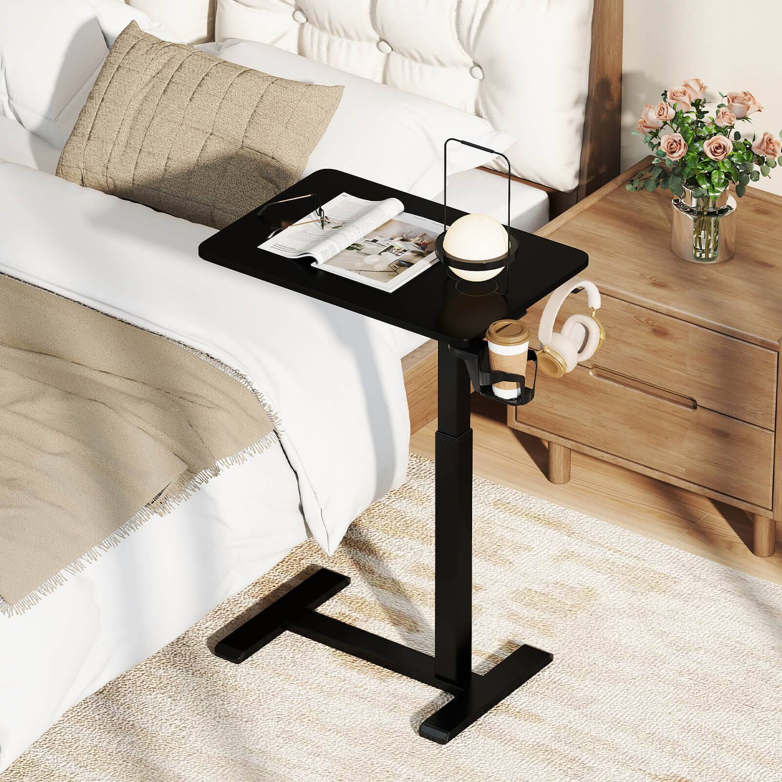 Alt View 1. Costway - Costway C Shaped Side Table Height Adjustable Overbed Bedside Table with Hook & Cup Holder - Black.