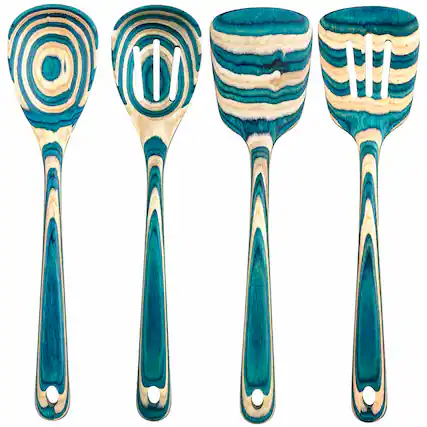 Front. Baltique - Mykonos Collection 4 Piece Cooking Utensil Set, Safe for Nonstick - Blue, Light Wood.