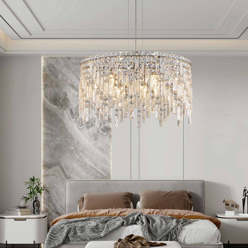 Alt View 2. Kadyn - 24" Luxurious Round Silver Crystal Chandelier, Contemporary Rectangular Pendant Light for Dining Room, Chrome - Silver.
