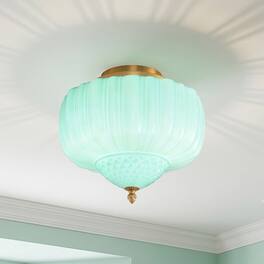 Parrot Uncle - 13-Inch Vintage Green Ribbed Opal Glass 3-Light Flush Mount Ceiling Light - Gold