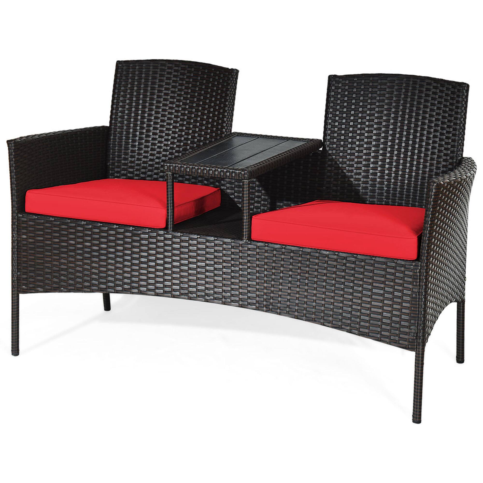 Alt View 1. Gymax - Gymax Patented Rattan Wicker Patio Conversation Set w/ Loveseat Table Red Cushion - Red.