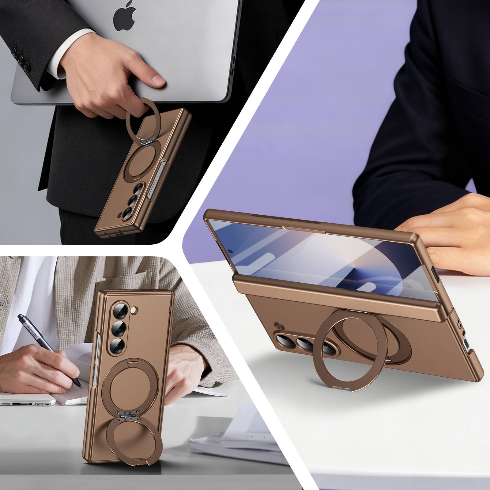 Angle. Dteck - For Samsung Galaxy Z Fold 6 Rugged Case With Screen Protector, Shockproof Magnetic Ring Stand Hinge Protection Cover - Gold.