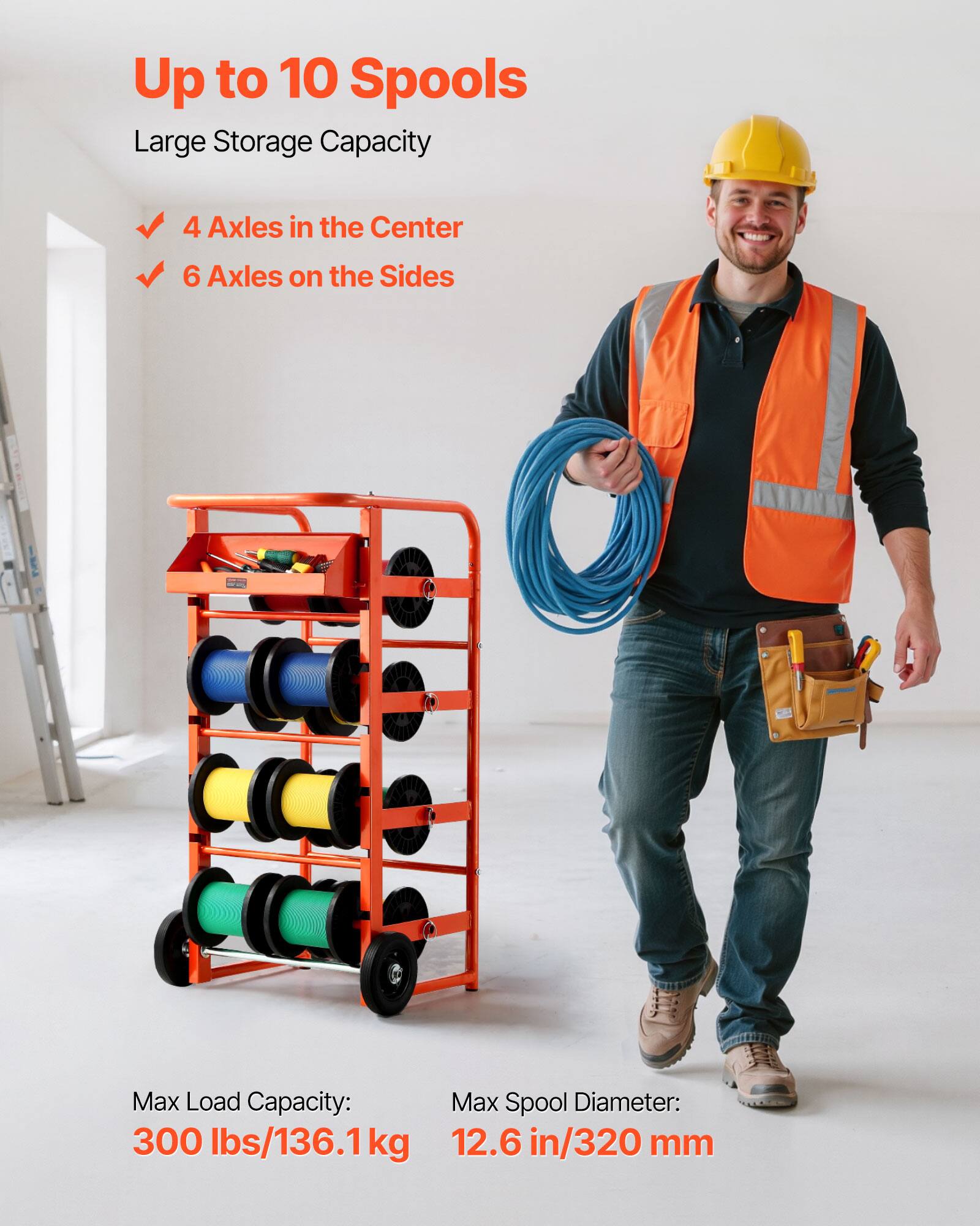 Up to 10 Spools
Large Storage Capacity
4 Axles in the Center
6 Axles on the Sides
Max Load Capacity: 300 lbs/136.1 kg
Max Spool Diameter: 12.6 in/320 mm