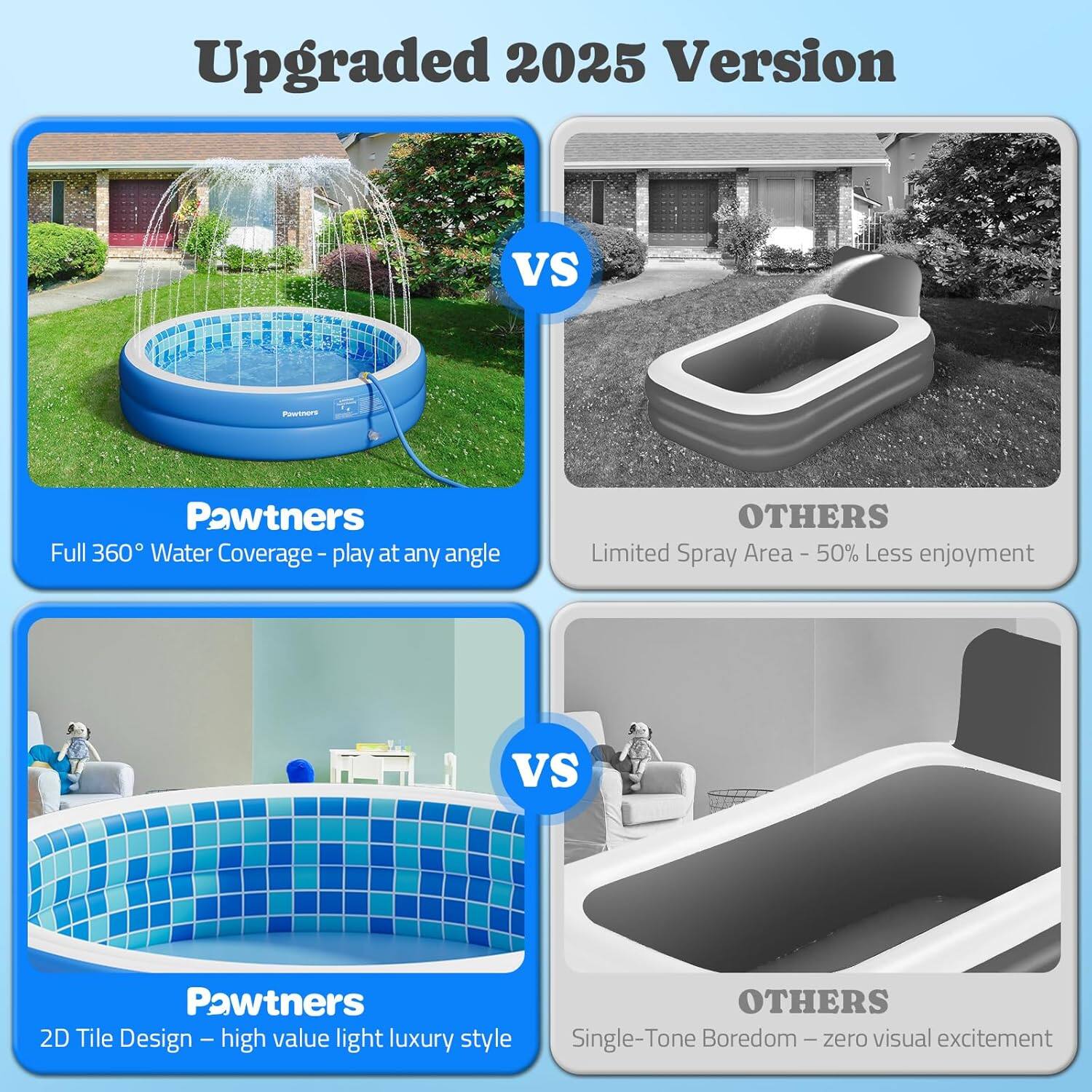 Upgraded 2025 Version

Pawtners  
Full 360° Water Coverage - play at any angle

OTHERS  
Limited Spray Area - 50% Less enjoyment

Pawtners  
2D Tile Design - high value light luxury style

OTHERS  
Single-Tone Boredom - zero visual excitement