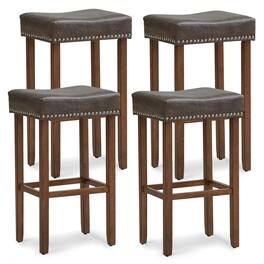 Gymax - 4PCS 29.5'' Bar Stool Set Counter Height Saddle Stools with Rubber Wood Frame - Gray + Brown