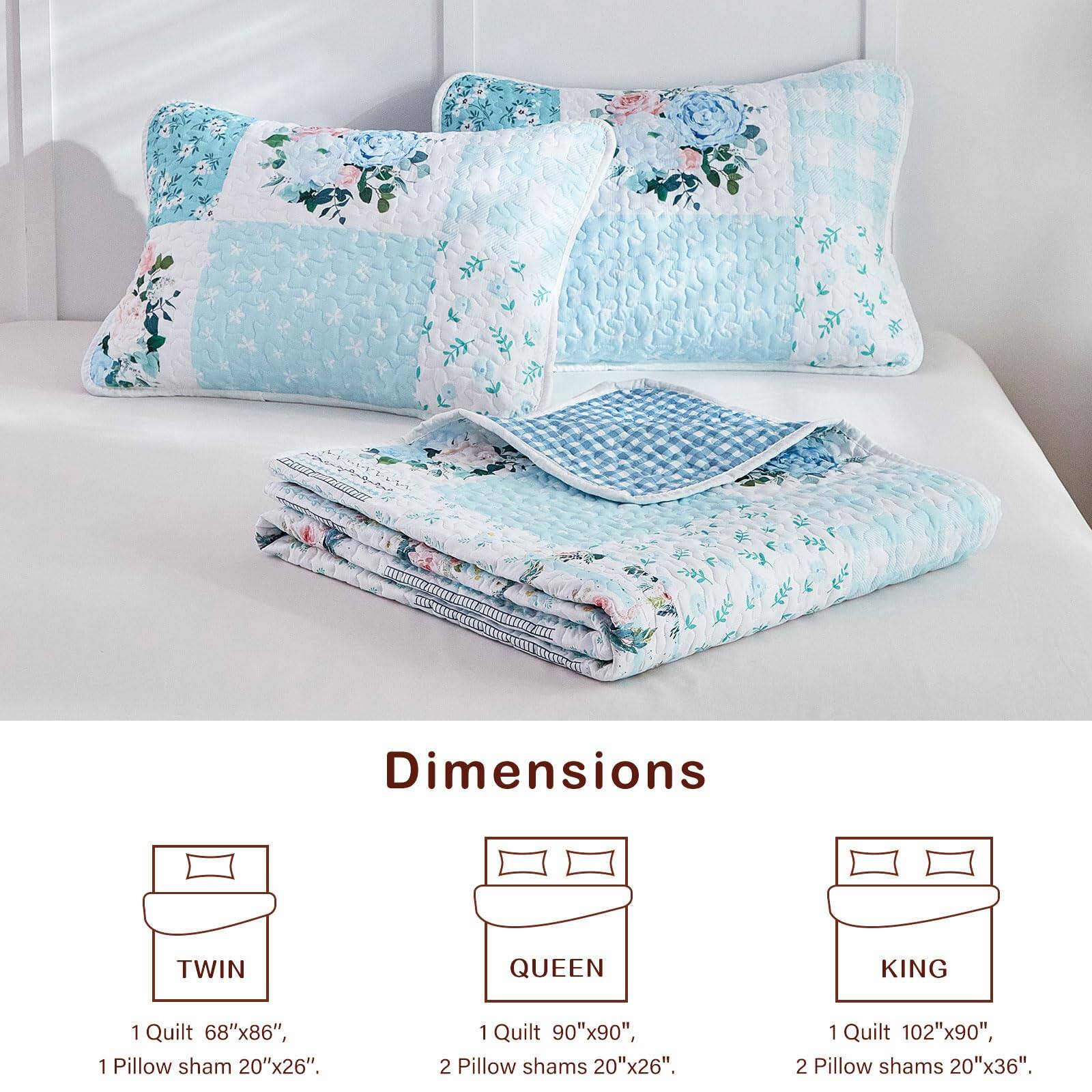 Dimensions

TWIN  
1 Quilt 68"x86",  
1 Pillow sham 20"x26".

QUEEN  
1 Quilt 90"x90",  
2 Pillow shams 20"x26".

KING  
1 Quilt 102"x90",  
2 Pillow shams 20"x36".