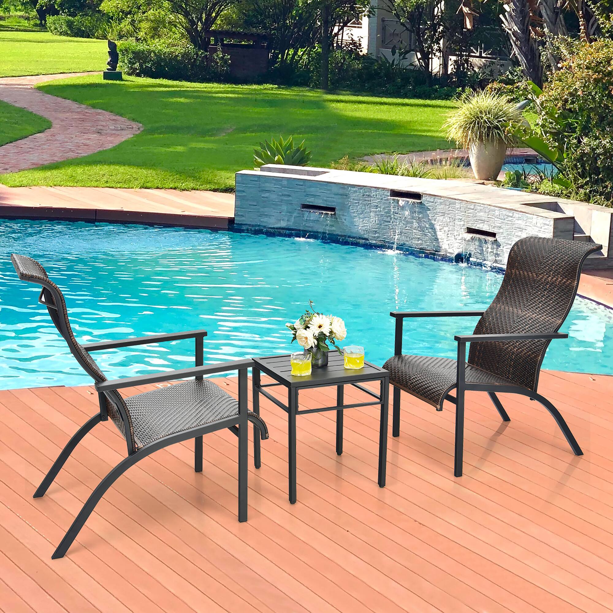 Alt View 3. Costway - Costway 3 PCS Patio Rattan Bistro Set High Backrest Armrest SideTable - Mix Brown.