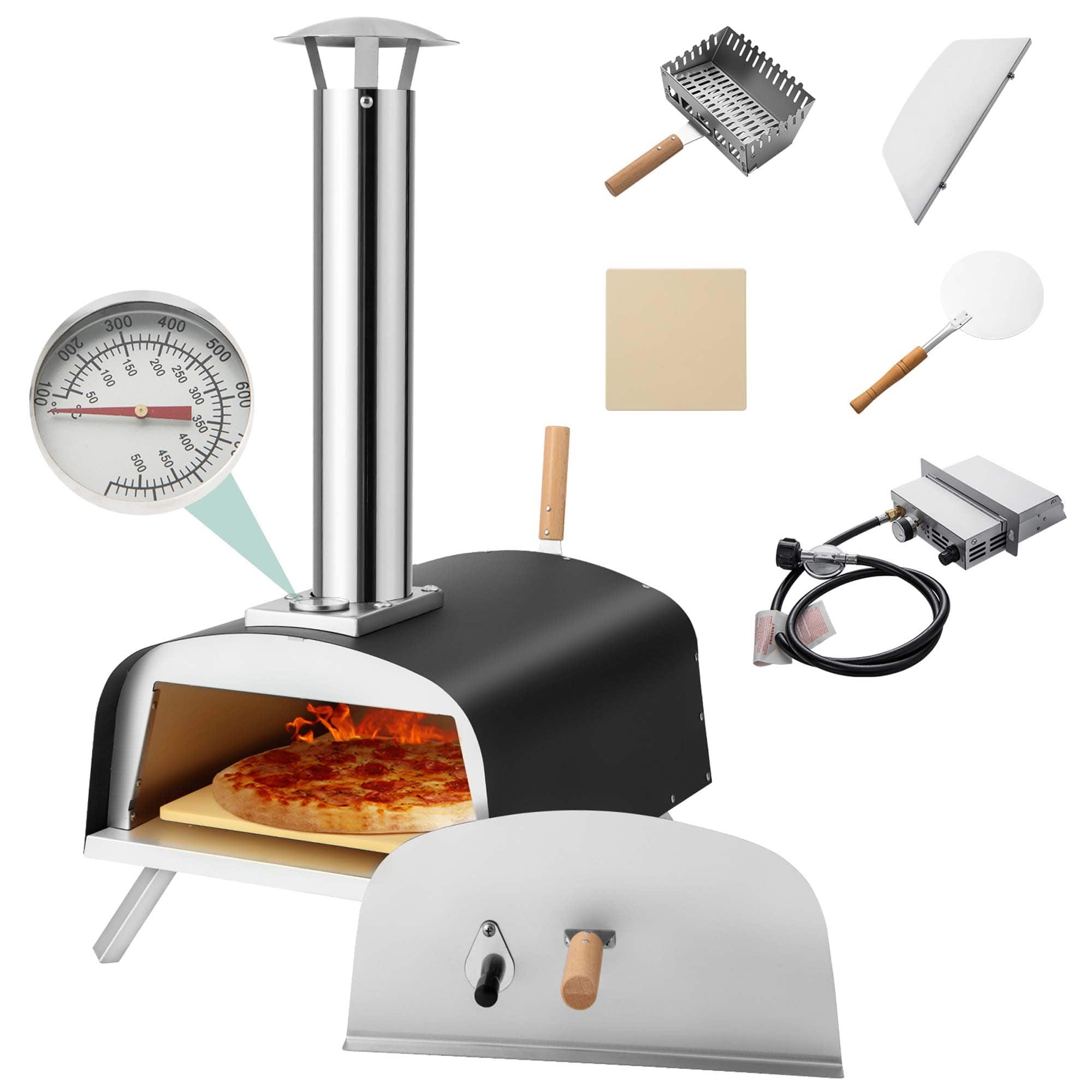 The image features a pizza oven with a pizza inside it, and various tools and items are displayed around it. The pizza is placed on a pan, and the oven has a temperature gauge on it. The tools and items include a spatula, a knife, a bowl, a bottle, and a clock. The clock is positioned at the top left corner of the image, while the spatula is located towards the right side. The bottle is situated in the middle of the image, and the bowl is placed slightly below the bottle. The knife is located on the right side of the image, close to the spatula.