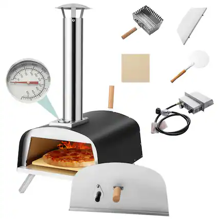 The image features a pizza oven with a pizza inside it, and various tools and items are displayed around it. The pizza is placed on a pan, and the oven has a temperature gauge on it. The tools and items include a spatula, a knife, a bowl, a bottle, and a clock. The clock is positioned at the top left corner of the image, while the spatula is located towards the right side. The bottle is situated in the middle of the image, and the bowl is placed slightly below the bottle. The knife is located on the right side of the image, close to the spatula.