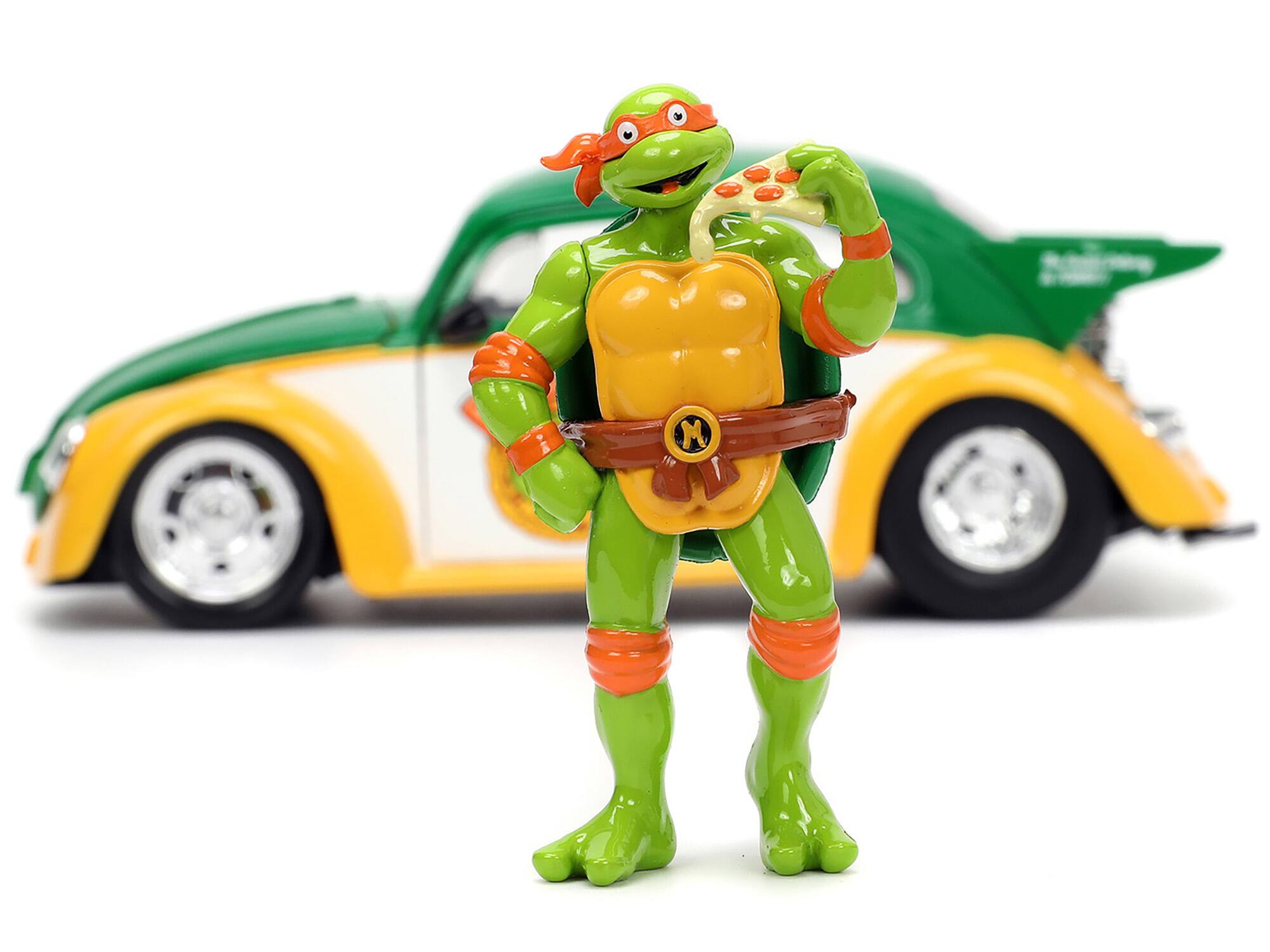 Alt View 5. Jada - 1959 Volkswagen Drag Beetle Green & Yellow and Michelangelo Figure "Teenage Mutant Ninja Turtles" 1/24 Model Car by Jada.