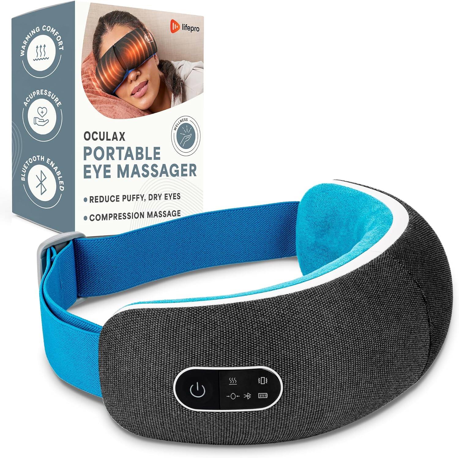 LifePro - Heated Eye Massager with Vibration Cordless Eye Mask for Migraines and Relaxation - Blue