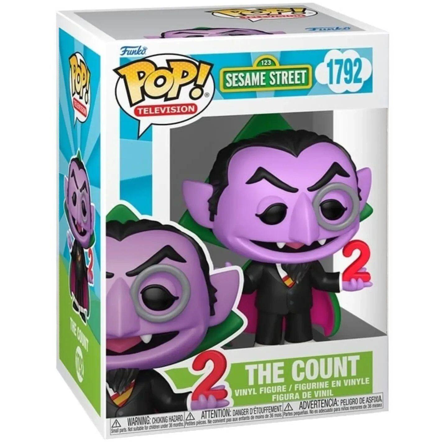 Sure, here is the corrected and grouped text from the image:

---

**Funko POP! TELEVISION**

**SESAME STREET 1792**

**THE COUNT**

**VINYL FIGURE / FIGURINE EN VINYLE / FIGURA DE VINIL**

**WARNING: CHOKING HAZARD - ATTENTION: PELIGRO DE ASFIXIA - ADVERTENCIA: PELIGRO DE ASFIXIA**

**Small parts. Not for children under 3 years.**

**123**

**2**

---

This text is grouped and corrected for clarity.