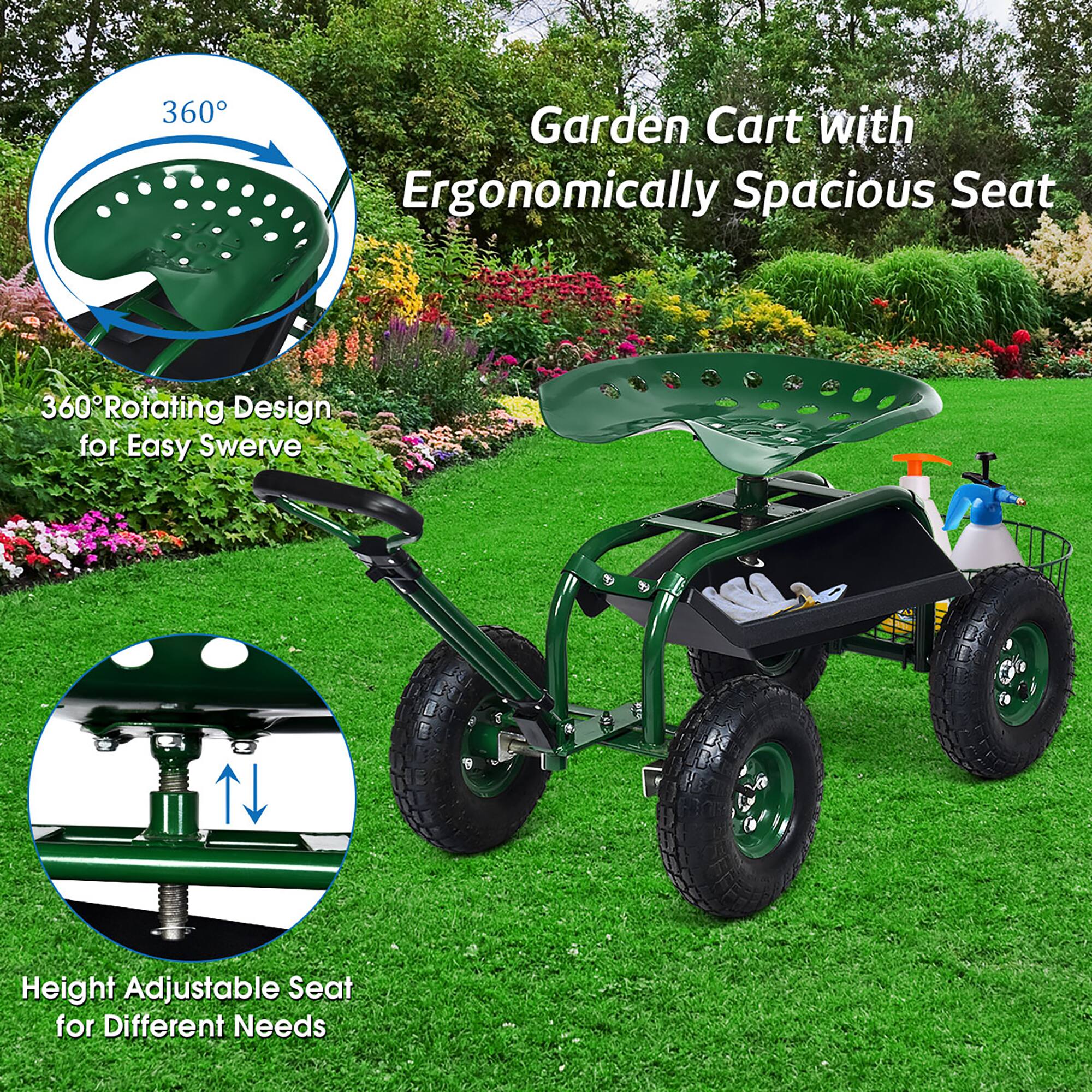 360 Garden Cart with Ergonomically Spacious Seat  
360 Rotating Design for Easy Swerve  
Height Adjustable Seat for Different Needs