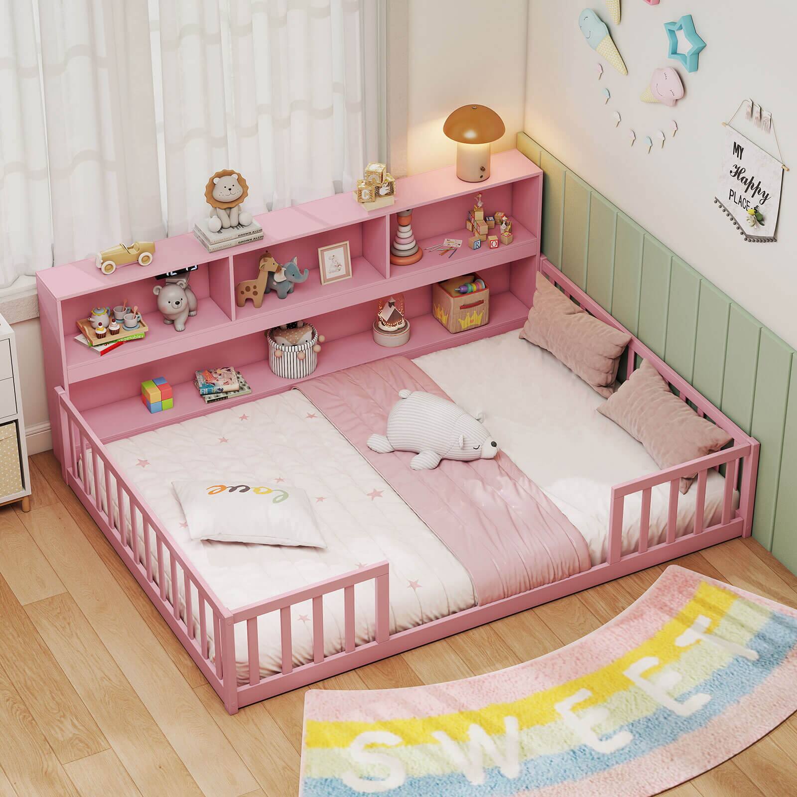 Alt View 5. Costway - Costway Full Size Montessori Floor Bed with Bookcase Storage Shelves & Safety Fence Rails - Pink.