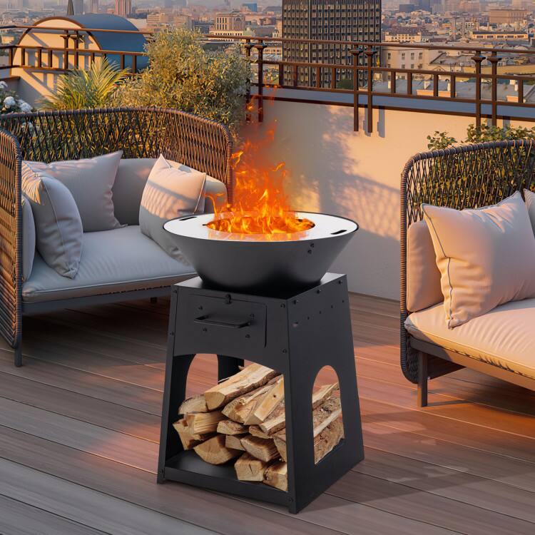 Left. Mondawe - Patio Fire Pit with Firewood Log Rack with Grill and Ash Box - Black.