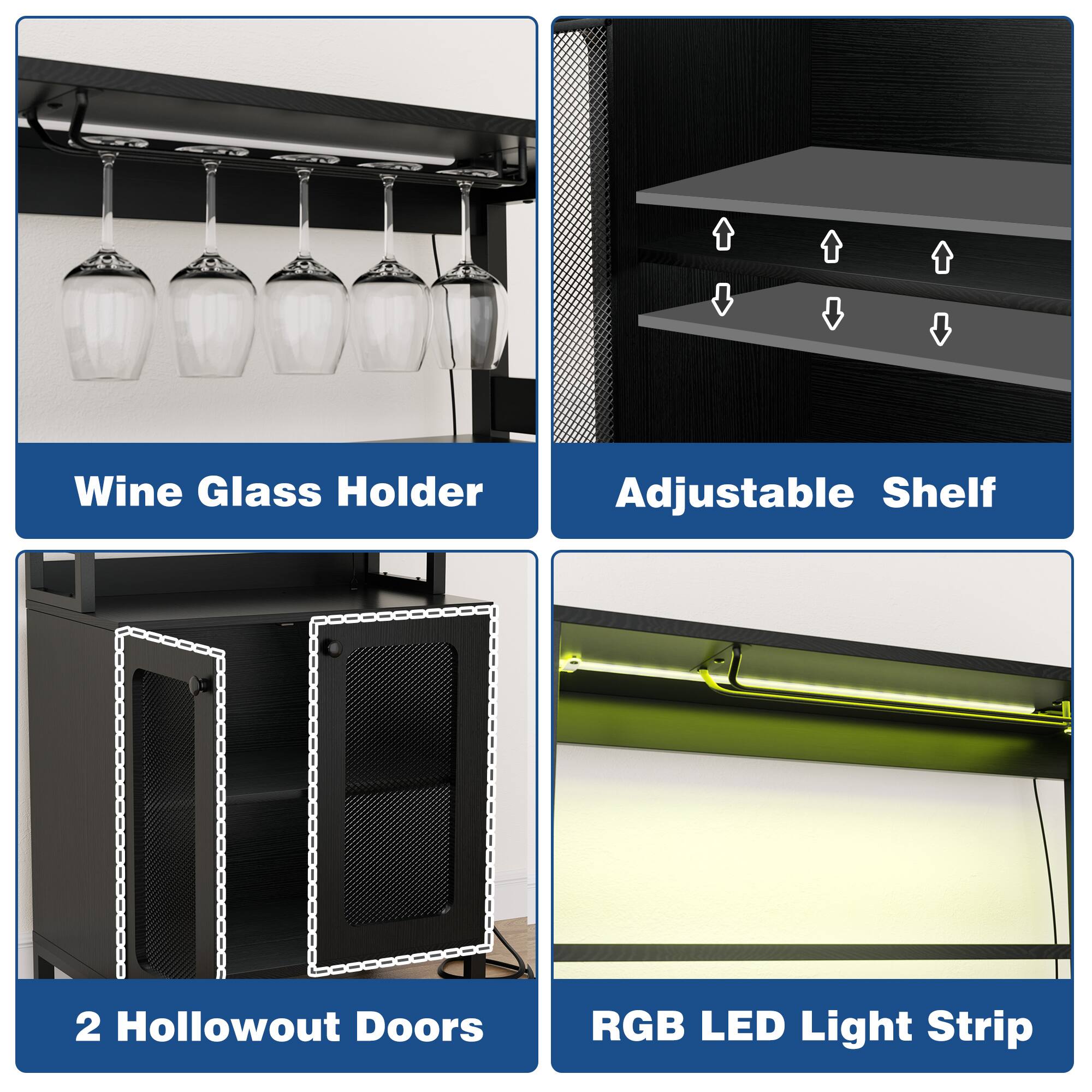 Wine Glass Holder Adjustable Shelf 2 Hollowout Doors RGB LED Light Strip