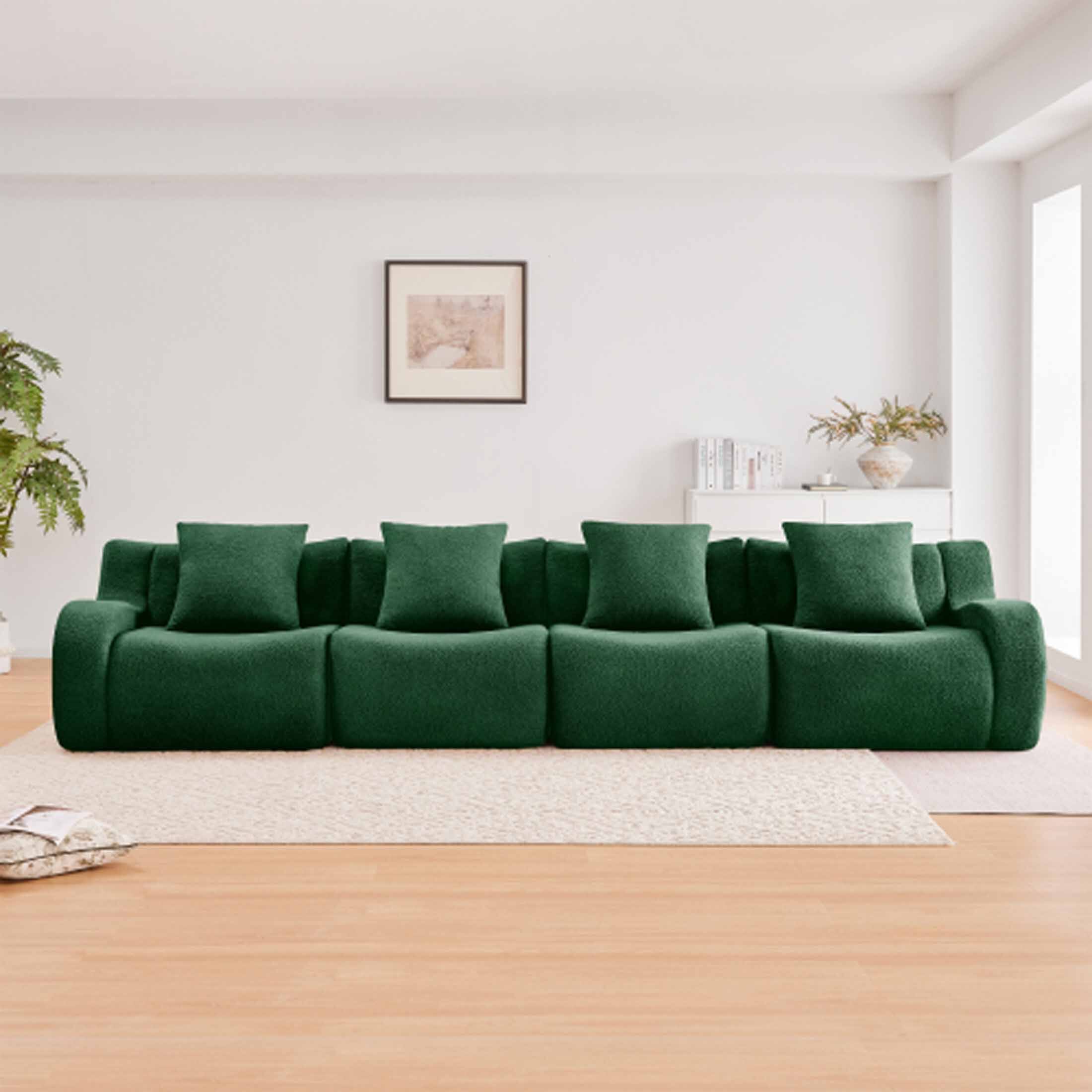 Angle. Aukfa - Modular Teddy Fabric Sofa - 4-Seat Convertible Sectional, Soft Boneless Design for Living Room - Green.