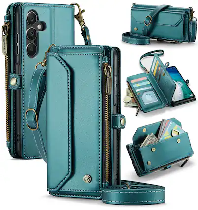 Front. Dteck - Crossbody Wallet Case for Samsung Galaxy A16 5G with Card Slots and Zipper Pocket, RFID Blocking PU Leather Phone Cover - Green.