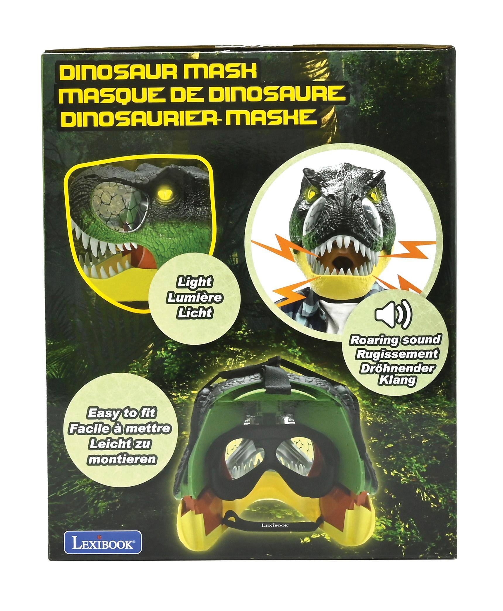 DINOSAUR MASH  
MASQUE DE DINOSAURE  
DINOSAURIER MASKE  

Light  
Lumière  
Licht  

Roaring sound  
Rugissement  
Dröhnender Klang  

Easy to fit  
Facile à mettre  
Leicht zu montieren  

LEXIBOOK