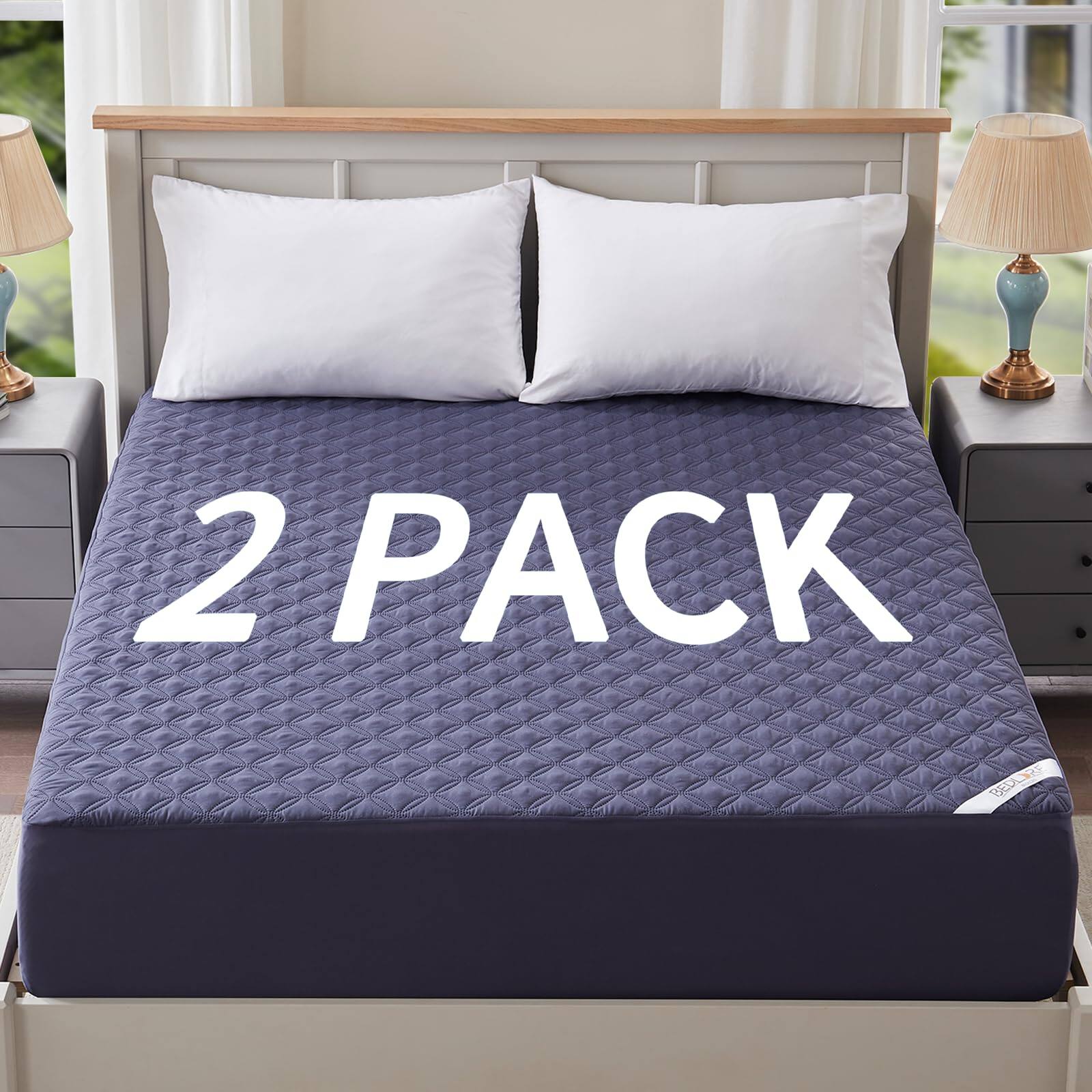 PARKER SLATER - 2 Pack Waterproof Mattress Protector Full Size Pad With Deep Pocket 6"-15" Depth Soft Breathable Dirt-proof Single - Navy Blue-Full