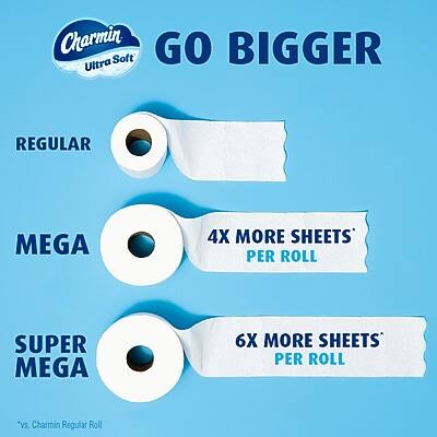 Charmin Ultra Soft

GO BIGGER

REGULAR

MEGA
4X MORE SHEETS PER ROLL

SUPER MEGA
6X MORE SHEETS PER ROLL

vs. Charmin Regular Roll