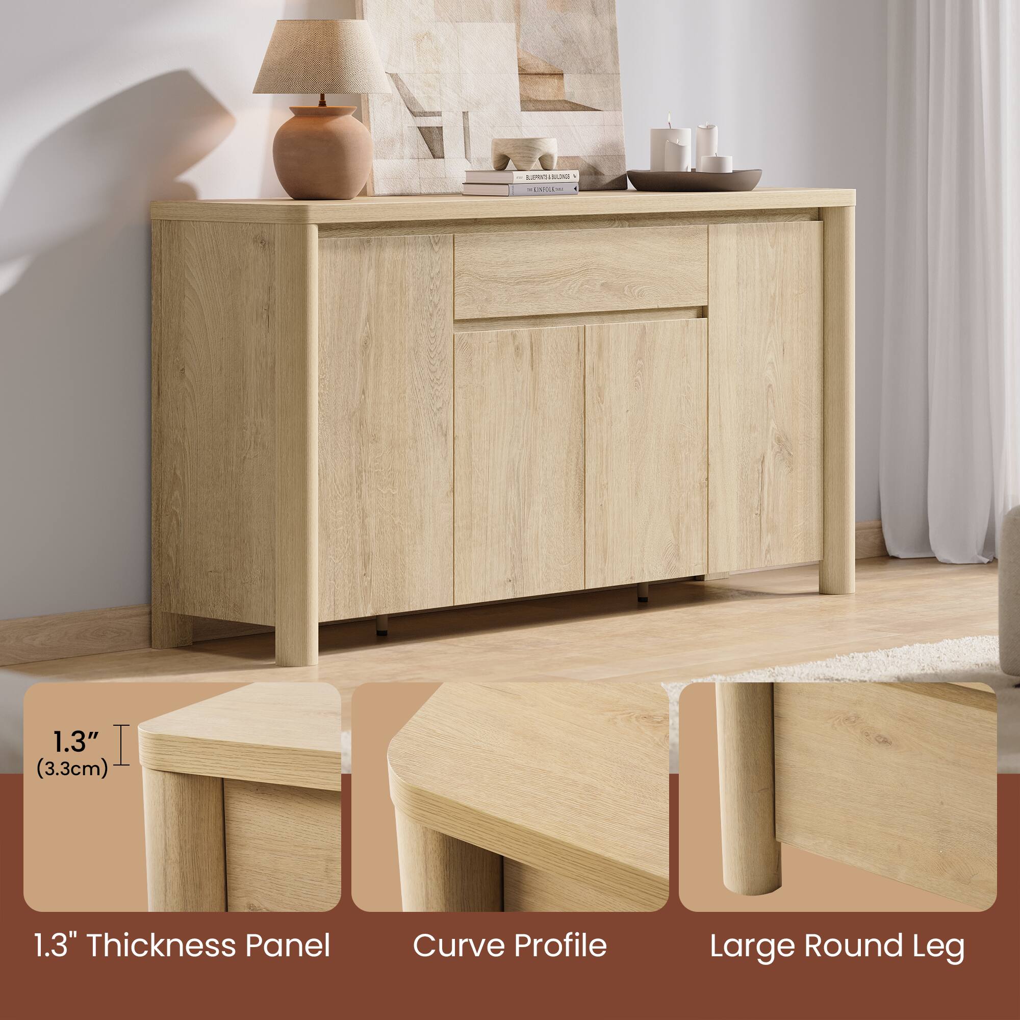 1.3" (3.3cm)  
1.3" Thickness Panel  
Curve Profile  
Large Round Leg