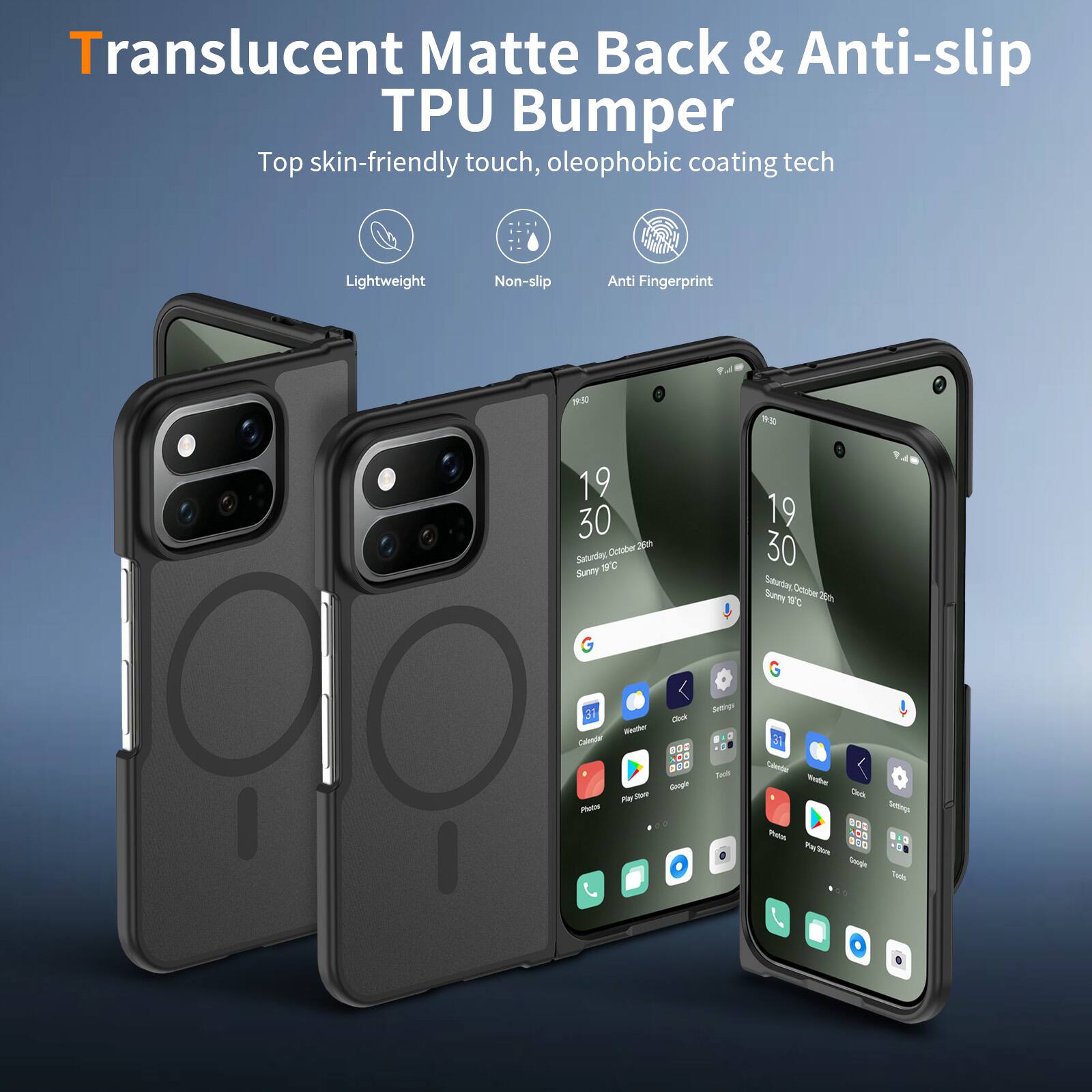 Translucent Matte Back & Anti-slip TPU Bumper  
Top skin-friendly touch, oleophobic coating tech  
Lightweight  
Non-slip  
Anti Fingerprint  

19.50  

19 30 October 26th Saturday, 19C Sunny  
19 30 Saturday, October Sunny 18C 26th  

31 Weather Calendar Play Store Photos  
Clock BOD ... Gangle :  
Settings Tapls  
Calenda Westher Cluck Settings GOD Photos NOX Pay Store Google THIS