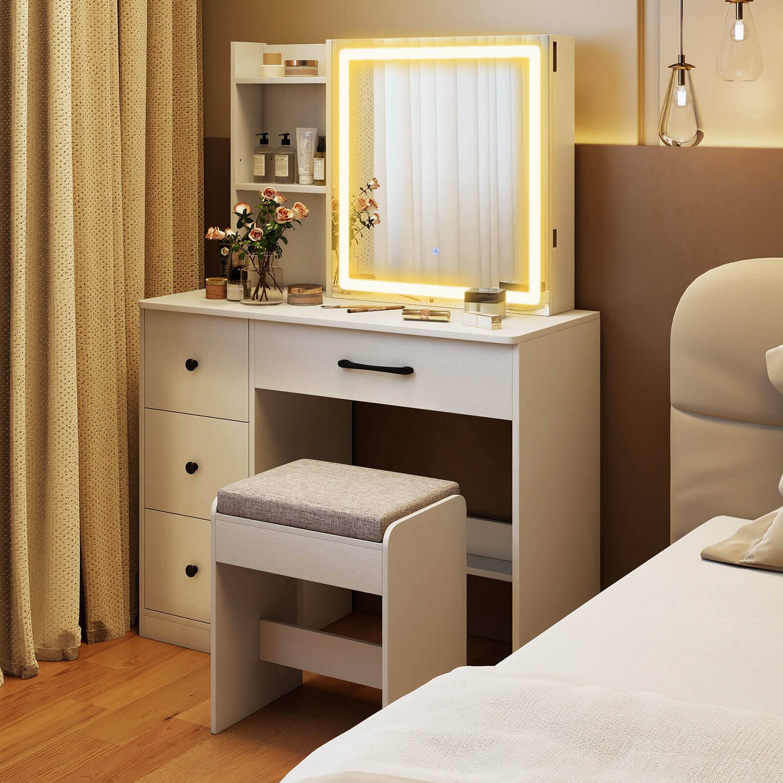 Alt View 3. Costway - Costway Vanity Desk with Sliding Mirror and Lights Makeup Table and Chair Set with 4 Drawers - White.