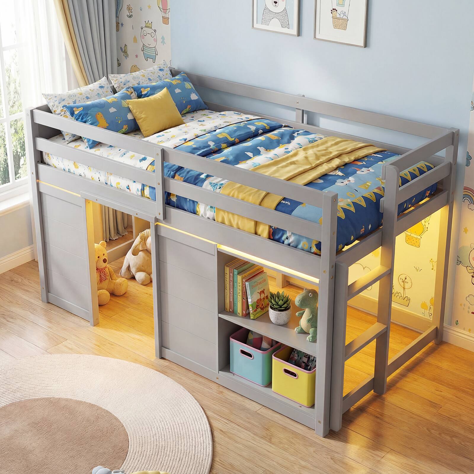Alt View 1. Gymax - Gymax Twin Size Loft Bed w/ LED Lights 2 Doors Underbed Space & Shelves for Kids Grey - Grey.