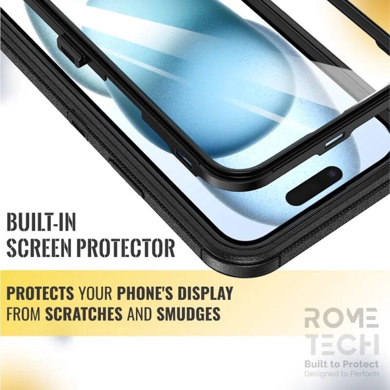 BUILT-IN SCREEN PROTECTOR  
PROTECTS YOUR PHONE'S DISPLAY FROM SCRATCHES AND SMUDGES  

ROME TECH  
Built to Protect  
Designed to Perform