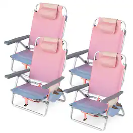 Costway - 4-Pack Folding Backpack Beach Chair 5-Position Outdoor Reclining Chairs with Pillow - Pink