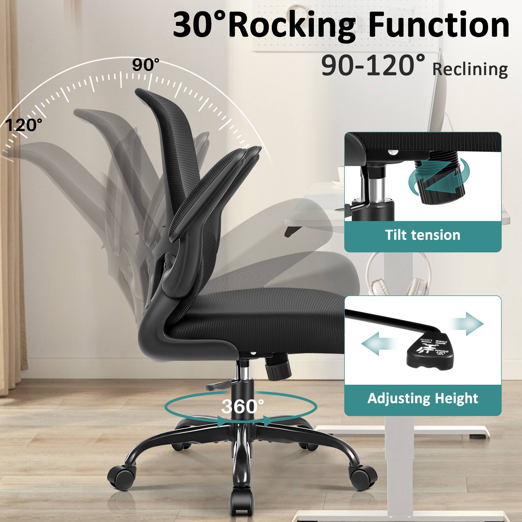 30° Rocking Function  
90-120° Reclining  
Tilt tension  
Adjusting Height  
360°