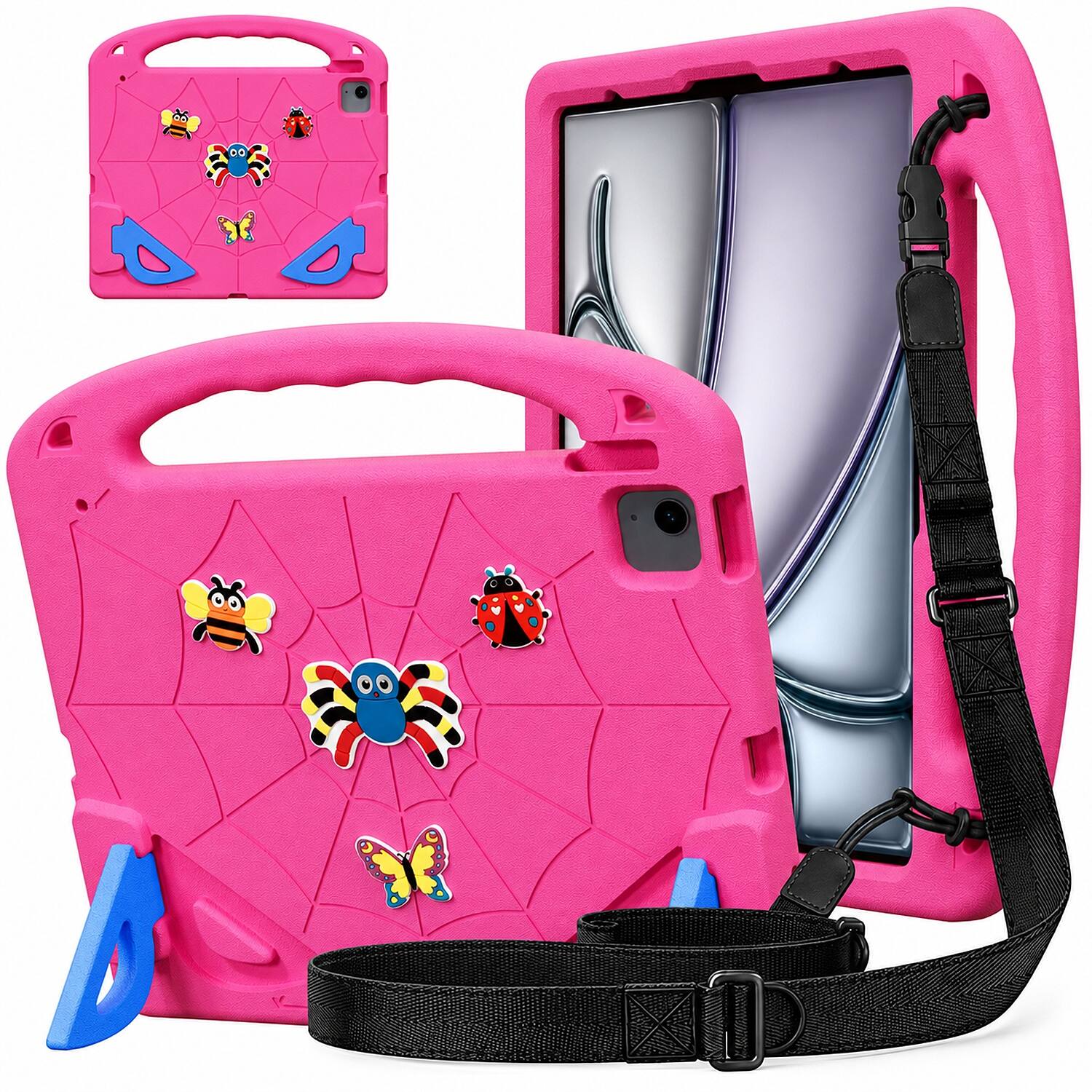 Front. UUCOVER - Kids Case for iPad Pro 13-inch (M5) 2025/ (M4) 2024,Shockproof EVA Case Handle Kickstand Cover with Shoulder Strap - Rose/Blue.