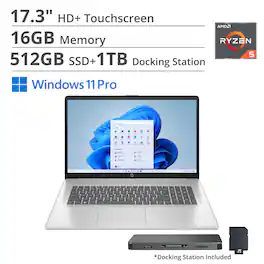 HP - 17.3" HD+ Touchscreen Laptop,Ryzen 5 7430U,16GB RAM,512GB SSD+1TB Dock Set,AMD Radeon GPU,Wi-Fi 6,Win 11 Pro - Silver