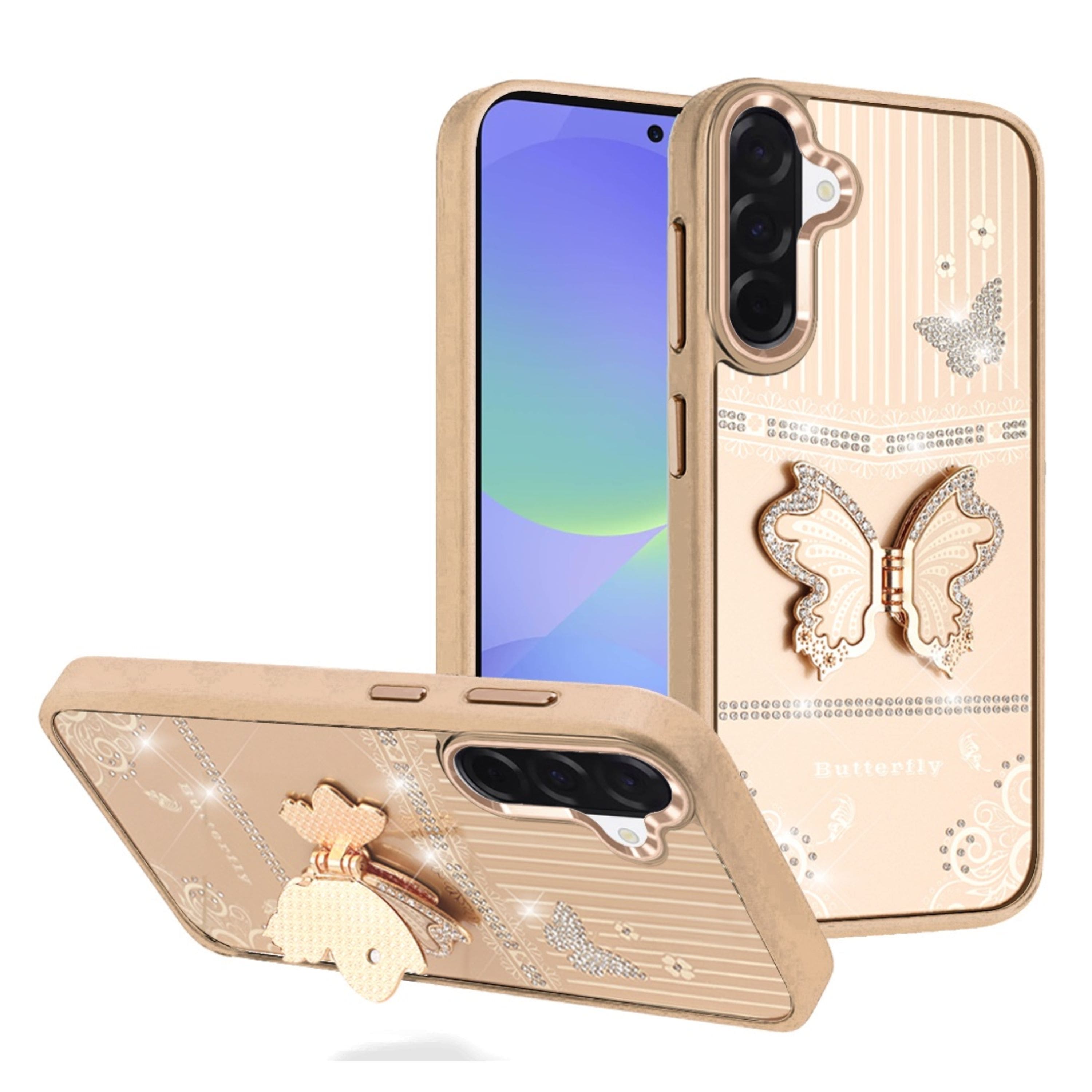 Kitcheniva - 3D Butterfly Bling Charm Stand Phone Case With Tempered Glass For Samsung Galaxy A37 5G - Gold price history on PriceWatchPro