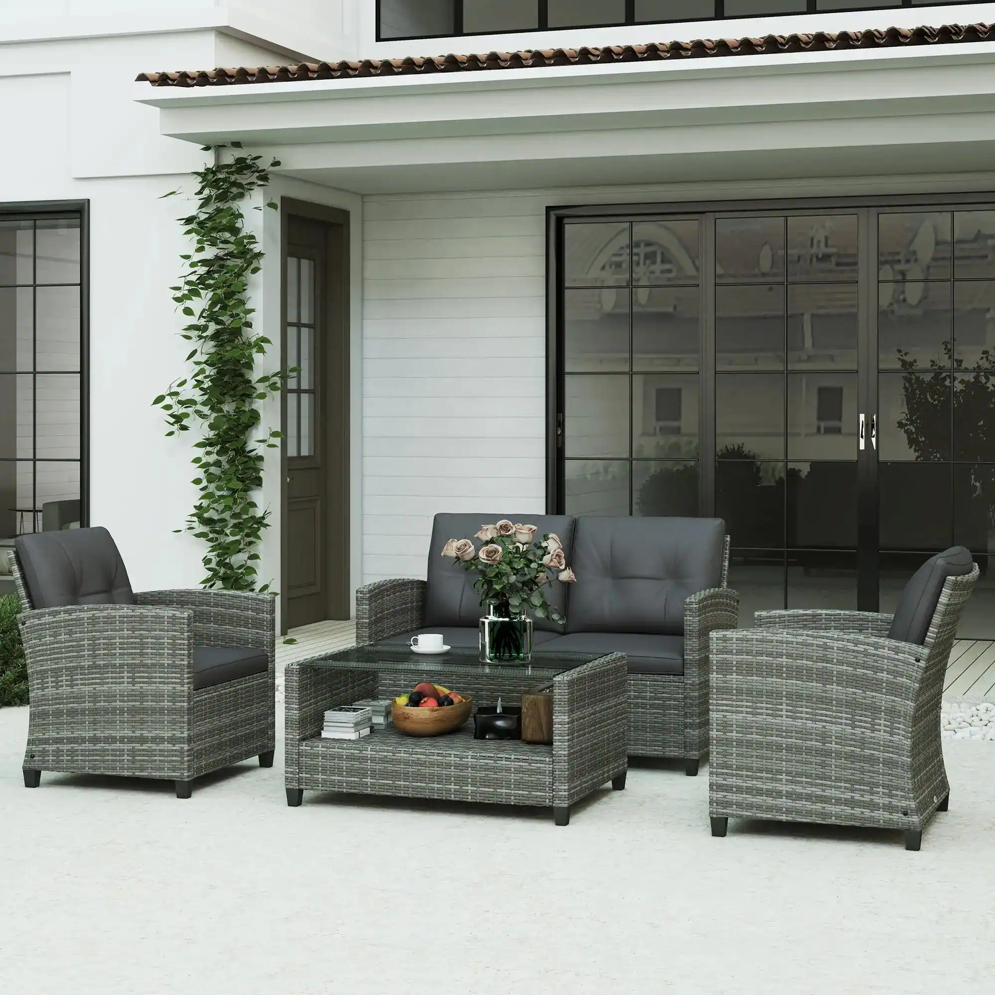 Angle. Spaco - Spaco 4PCS PE Rattan Patio Furniture Set with Two-tier Coffee Table,Cushion - Charcoal.