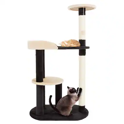 Front. PetMaker - 3-Tier Cat Tower Indoor Feline Furniture with 2 Napping Perches, 2 Sisal Rope Scratching Posts, Hole, and Fun Toy - Black and Tan.