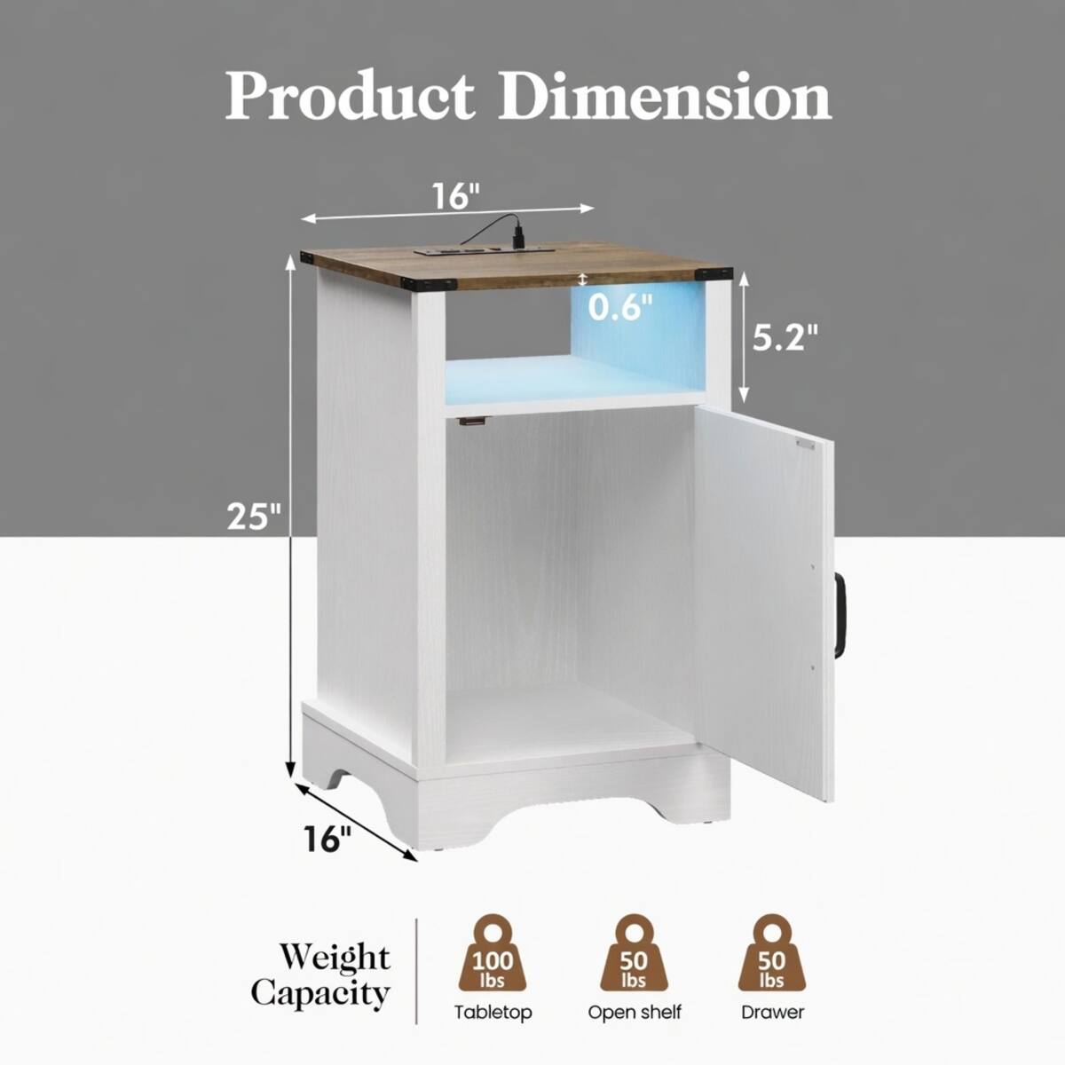 Product Dimension  
16"  
0.6"  
5.2"  
25"  
16"  

Weight Capacity  
Tabletop: 100 lbs  
Open shelf: 50 lbs  
Drawer: 50 lbs
