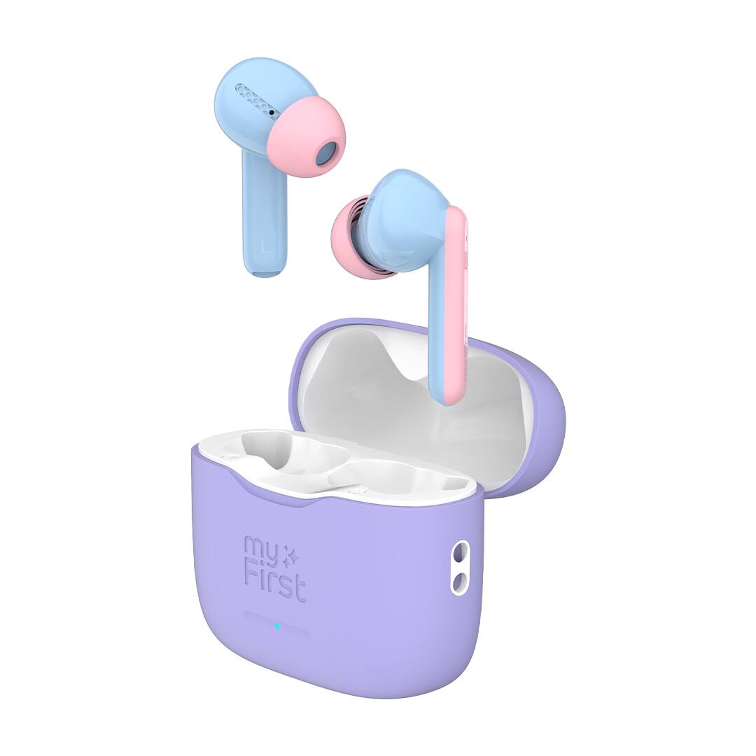 Front. myFirst - CareBuds -  Kids Wireless Earbuds with 85dB Volume Limit, Built-in Mic, 6 Ear Tips - Cotton Candy.